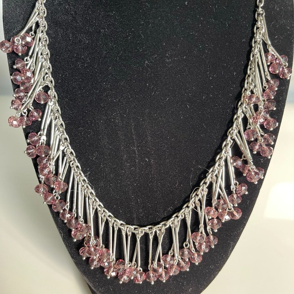 BANANA REPUBLIC SILVER NECKLACE WITH AMETHYST LIKE CRYSTALS.